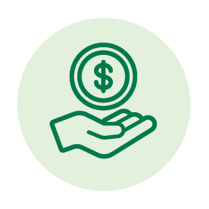 Green outline of an open hand holding a coin with a dollar sign, inside a light green circle.