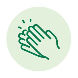 Green outline of two hands clapping with motion lines, inside a light green circle.