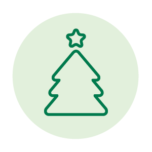 Green outline of a Christmas tree with a star on top, inside a light green circle.