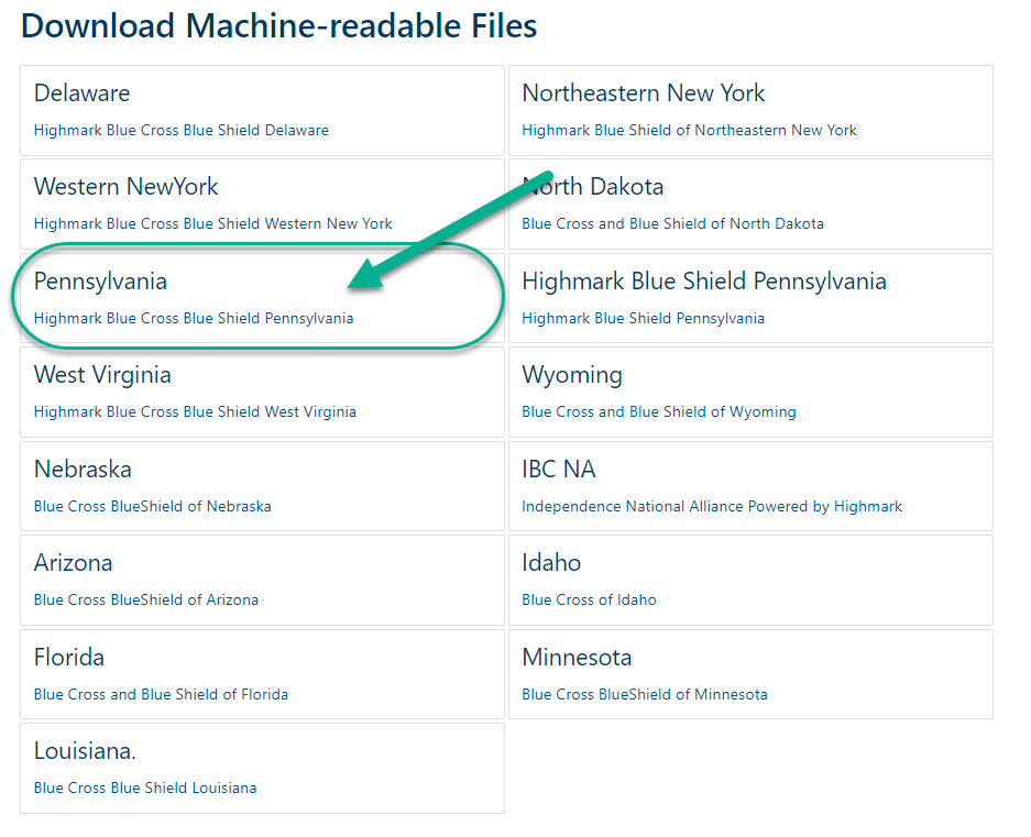 Infographic that shows how to click on "Pennsylvania" for a Machine Readable File.