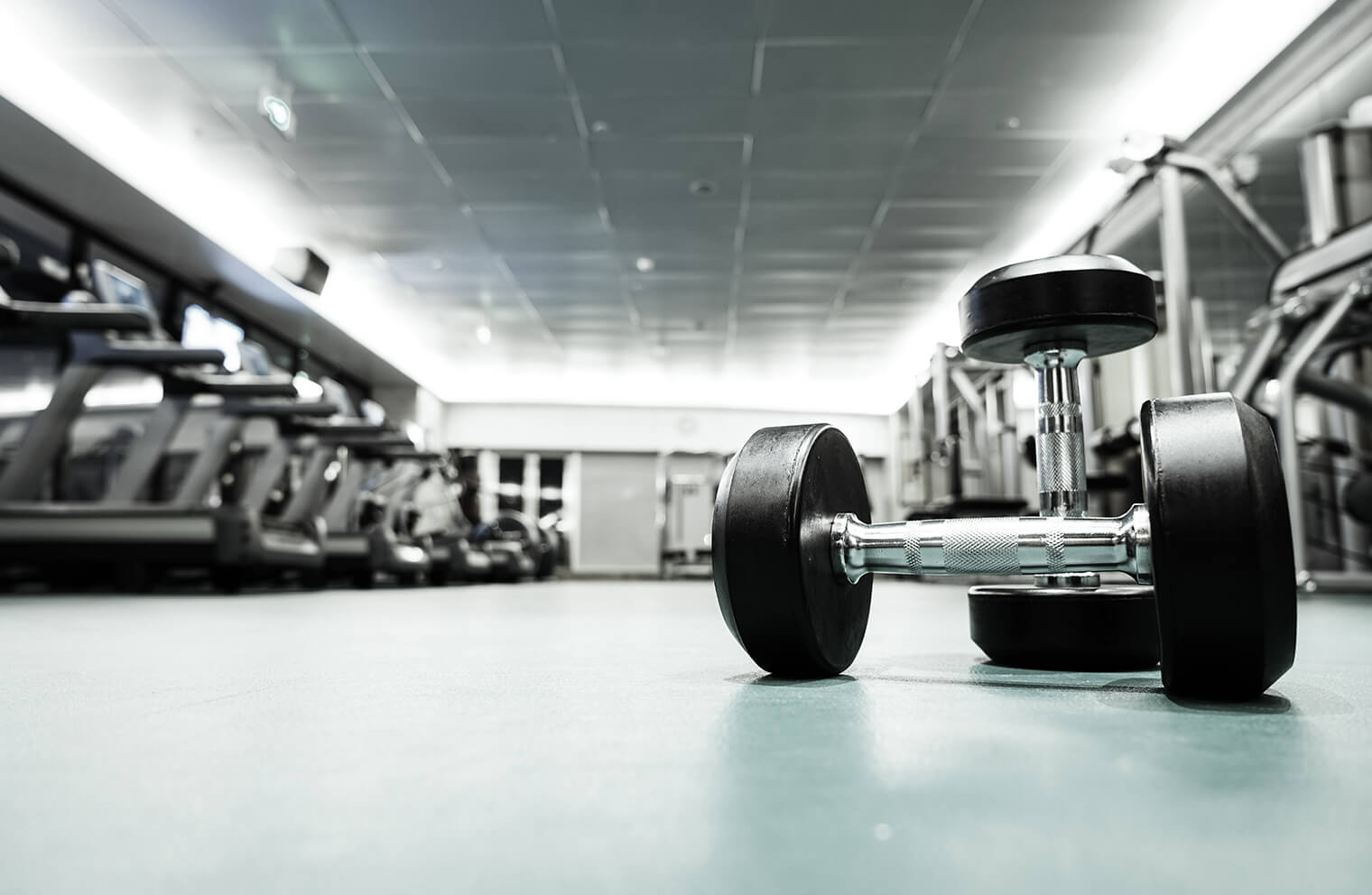 Picture of a dumbbell on the floor of a gym.