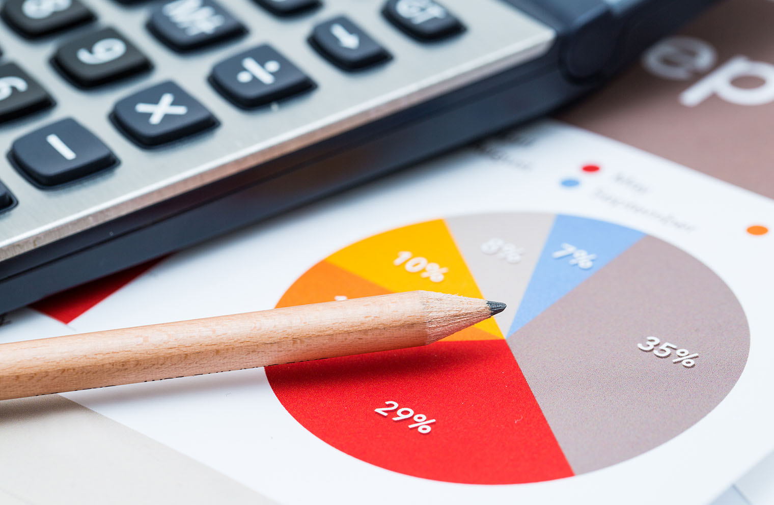 Image of pencil, calculator, and pie chart on tabletop