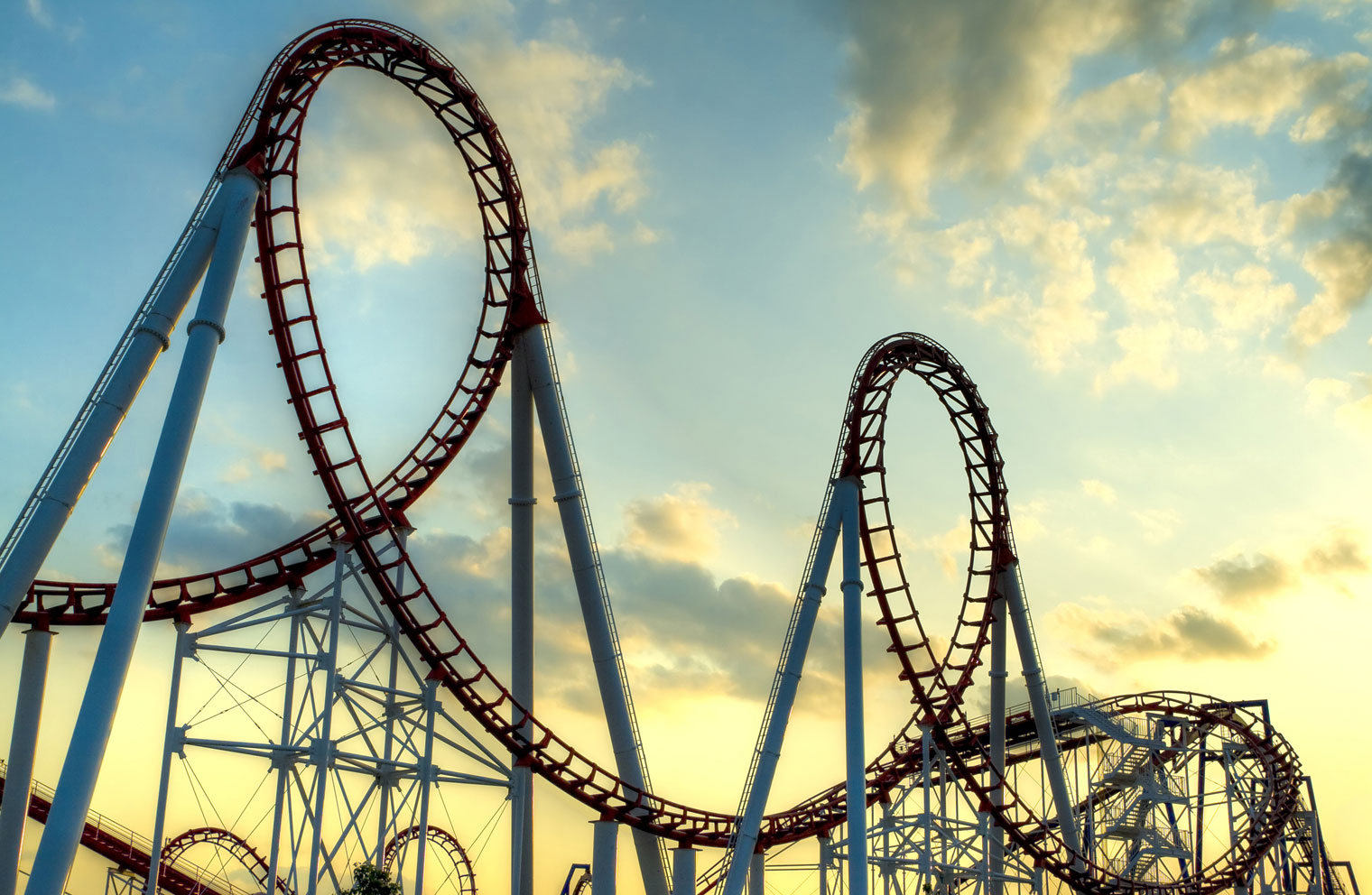 Roller coaster track with dramatic peaks and valleys, illustrating market uncertainty